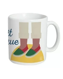 "White ceramic mug with colorful Basque espadrille shoes design, red yellow green traditional pattern"