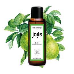 A 100ml bottle of Sauna infusion TIROL essential oil. The oil features a fresh, herbal scent with notes of pear and green leaves.