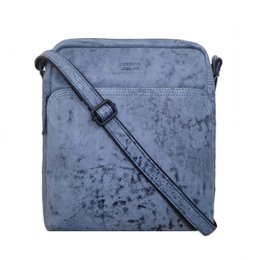  Blue leather crossbody bag, distressed vintage style, adjustable shoulder strap, compact rectangular shape