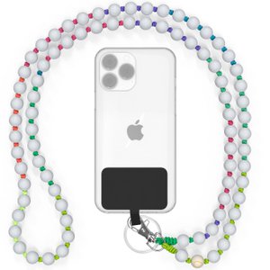 Mobile phone chain universal, wooden beads, handmade - White Rainbow