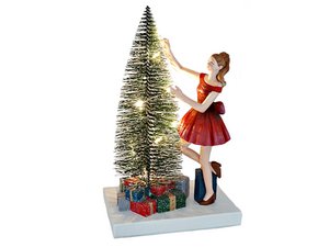 Dame met verlichte kerstboom, 15x11x24.5 cm