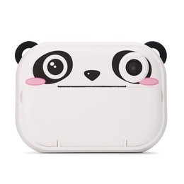  "White panda face camera toy with big eyes, pink cheeks, instant print feature, educational toy"