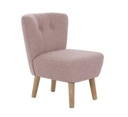 A plush, pink kids chair with a tufted back and wooden legs.