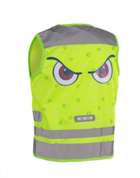 Bright green kids jacket with reflective strips, featuring a monster-inspired design with large eyes and a zipper closure.