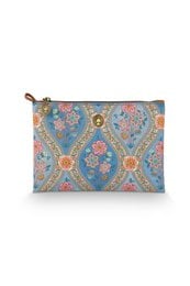  Medium-sized blue cosmetic pouch with ornate floral and geometric pattern design.