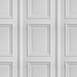 White panelled wallpaper with rectangular panels and a smooth, uniform texture.