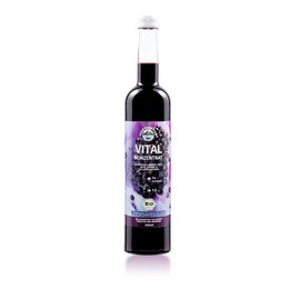 A 500 ml bottle of VITAL concentrate soft drink in a purple and black label design. The bottle features a clear glass body with a black cap on top.