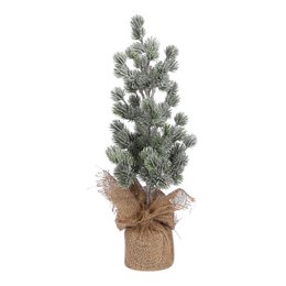  Decorative green plastic Christmas tree with pine needles and burlap base.