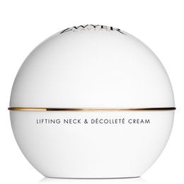 Lifting neck and décolleté cream in a white and gold jar. Designed to improve the appearance of the neck and chest area.