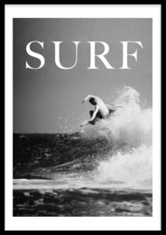 A black and white image of a surfer riding a wave. The text "SURF" is prominently displayed.