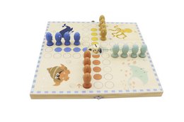 Multicolored wooden table game set with various game pieces and a hexagonal game board. The set includes different colored game pieces in shapes like circles, triangles, and animal figures. The game board has a neutral-toned design with hexagonal spaces.