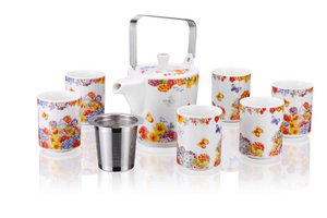Theepot, zetgroep en 6 theekopjes, Bloemen, porseleinen geschenkdoos