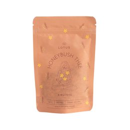  Spicy Honeybush tea - Lotus - 50 grams. This tea is made from honeybush, a naturally caffeine-free plant native to South Africa. It has a sweet, slightly spicy flavor and aroma, with notes of citrus and vanilla. The tea is packaged in a 50 gram pouch.