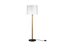 Tall, cylindrical floor lamp with a white fabric shade and a black metal base.