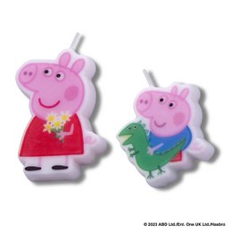 Set of 2 character wax candles for children's birthdays featuring Peppa Pig and her brother George. The candles are pink and green in color, with the characters' shapes and details visible. The candles are suitable for party decorations and celebrations.
