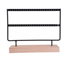 Black metal earring rack with two tiers for displaying and organizing earrings. Made of sturdy metal frame and wooden base.