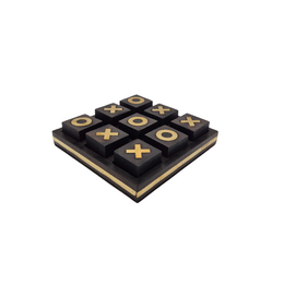 A wooden tic-tac-toe game board with black and gold game pieces.
