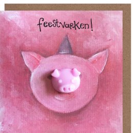 A pink birthday card with a cute pig face and the text "Feestvarken!" which means "Party Pig!" in Dutch.