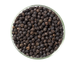 A round glass bowl filled with whole black peppercorns. The peppercorns have a dark, wrinkled appearance and are tightly packed together.