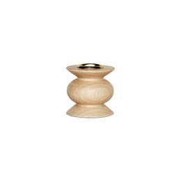 Short, wooden candle holder with a gold-colored metal accent. The candle holder has a simple, rounded shape and a natural wood finish.