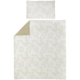 Soft, neutral-toned duvet cover with a delicate floral pattern, suitable for a toddler's bed.
