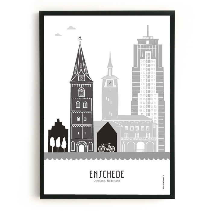 Poster skyline Enschede zwart-wit-grijs