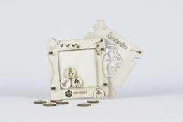 Wooden magic kit with various shapes and symbols, including a star, circle, and triangle. Suitable for children's imaginative play and learning.
