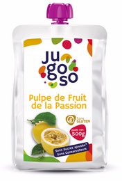 Passion fruit pulp, 500g. Vibrant yellow and purple packaging. Juicy, sweet, and tangy passion fruit puree. Ideal for smoothies, juices, and desserts.