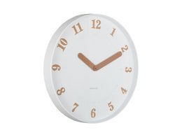 "Round white wall clock with rose gold numbers and hands, minimalist modern design"