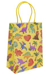  Yellow gift bag with colorful dinosaurs, palm trees, and tropical pattern. Yellow rope handles.