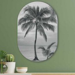 Oval wall circle aluminum palm tree tropical beach landscape black white minimalist design