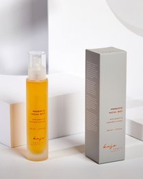 Probiotic facial mist, a toner product with a light, refreshing formula containing probiotics to nourish and balance the skin.