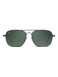  Stylish square-framed sunglasses in forest green, pool blue, and black smoke colors.
