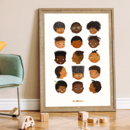  Colorful poster featuring diverse hairstyles and faces, suitable for a kids room or nursery.