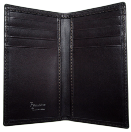 Black leather billfold wallet with multiple card slots.