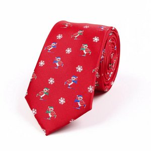 Christmas tie "Red with skating penguins"