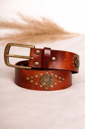  Brown leather belt wide with coin studs and metal buckle, vintage style accessory