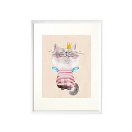 Colorful wall art featuring a whimsical illustration of a cat wearing a crown and holding a wand. The cat has a playful, regal appearance and is set against a neutral background, making it a versatile piece that could complement a variety of decor styles.