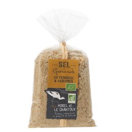Organic Guérande salt with fennel and citrus fruits, 250g bag. Seasoning with natural flavors from fennel and citrus.