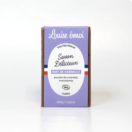  Cinnamon Christmas soap, 100g, handmade with natural ingredients, rectangular shape, purple and white packaging.