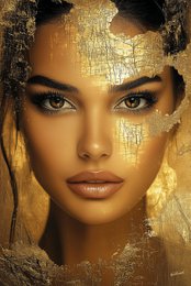  Gold leaf portrait painting, woman face with golden geometric patterns, luxury art, warm tones.