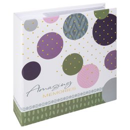  Green photo album with colorful polka dot circles, modern design, holds 200 photos, 9x13 cm format.