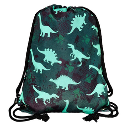  Durable, roomy dinosaur-patterned drawstring backpack made of robust, water-resistant material. Features include sturdy straps, easy-to-clean surface, and machine washable at 40°C.