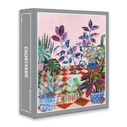 A colorful, vibrant jigsaw puzzle featuring a lush, tropical garden scene with various plants, flowers, and pots.