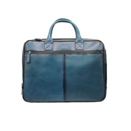  Blue leather briefcase, spacious multi-compartment design, professional laptop bag, structured rectangular shape, durable material.