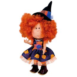  Plush Halloween doll with orange curly hair, wearing a purple and orange dress with a witch hat.