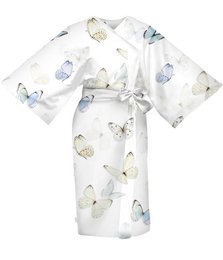  Delicate white kimono with natural and blue butterfly print, perfect for a relaxed and stylish look.