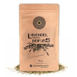 Lavender and mugwort tea blend in a brown paper bag. Contains 100% natural lavender and beifuss ingredients.