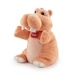  Plush hand puppet hippopotamus, 23cm tall, made of soft beige fabric with detailed features. Suitable for imaginative play and storytelling.