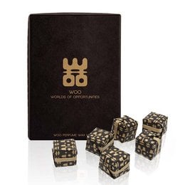 6 wax melts in a decorative box, featuring a patterned design in black and gold tones.